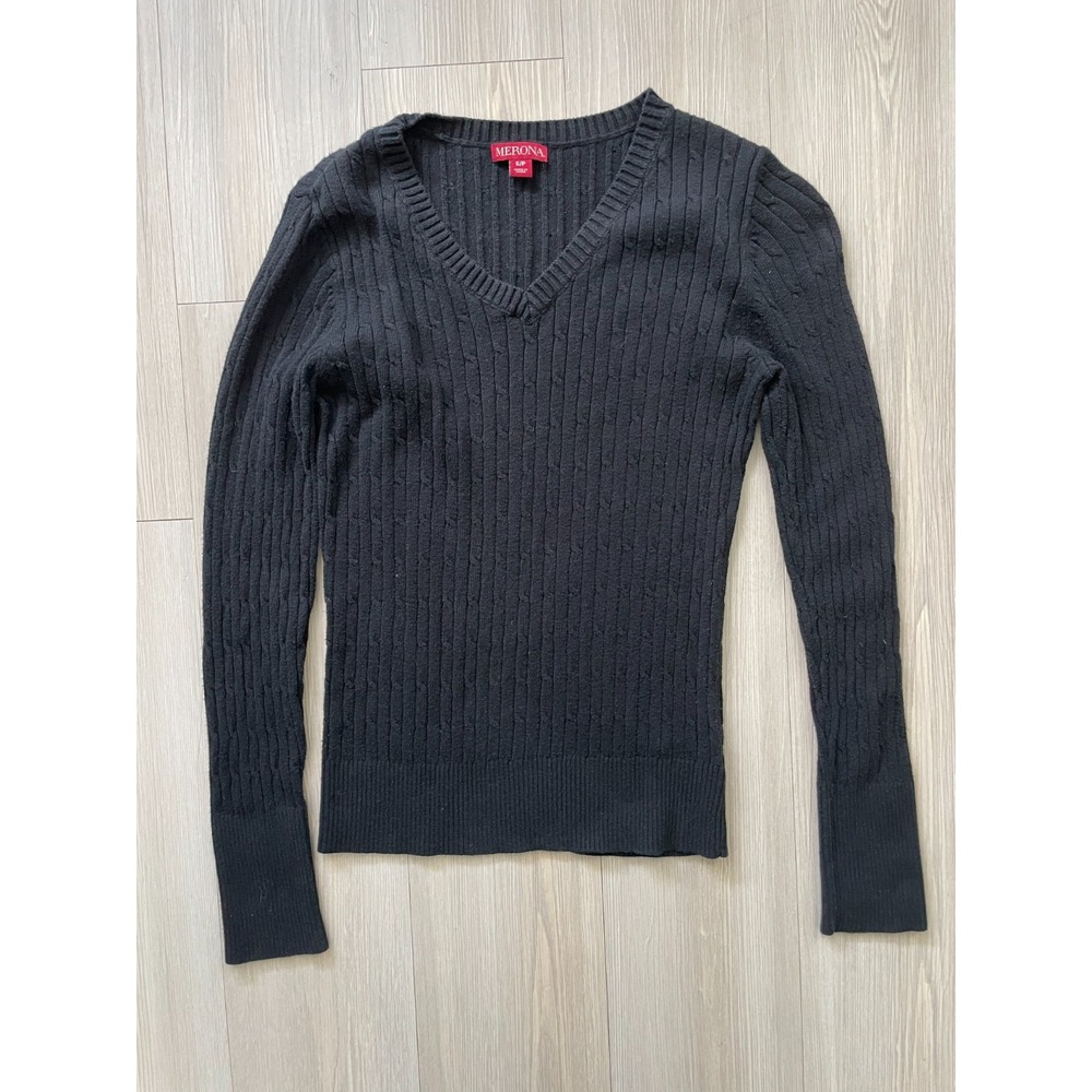 Merona Women's Black Cable Knit Sweater Size S V-Neck Basic Preppy Holidays